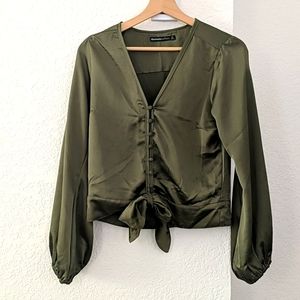 Satin green button bow tie blouse